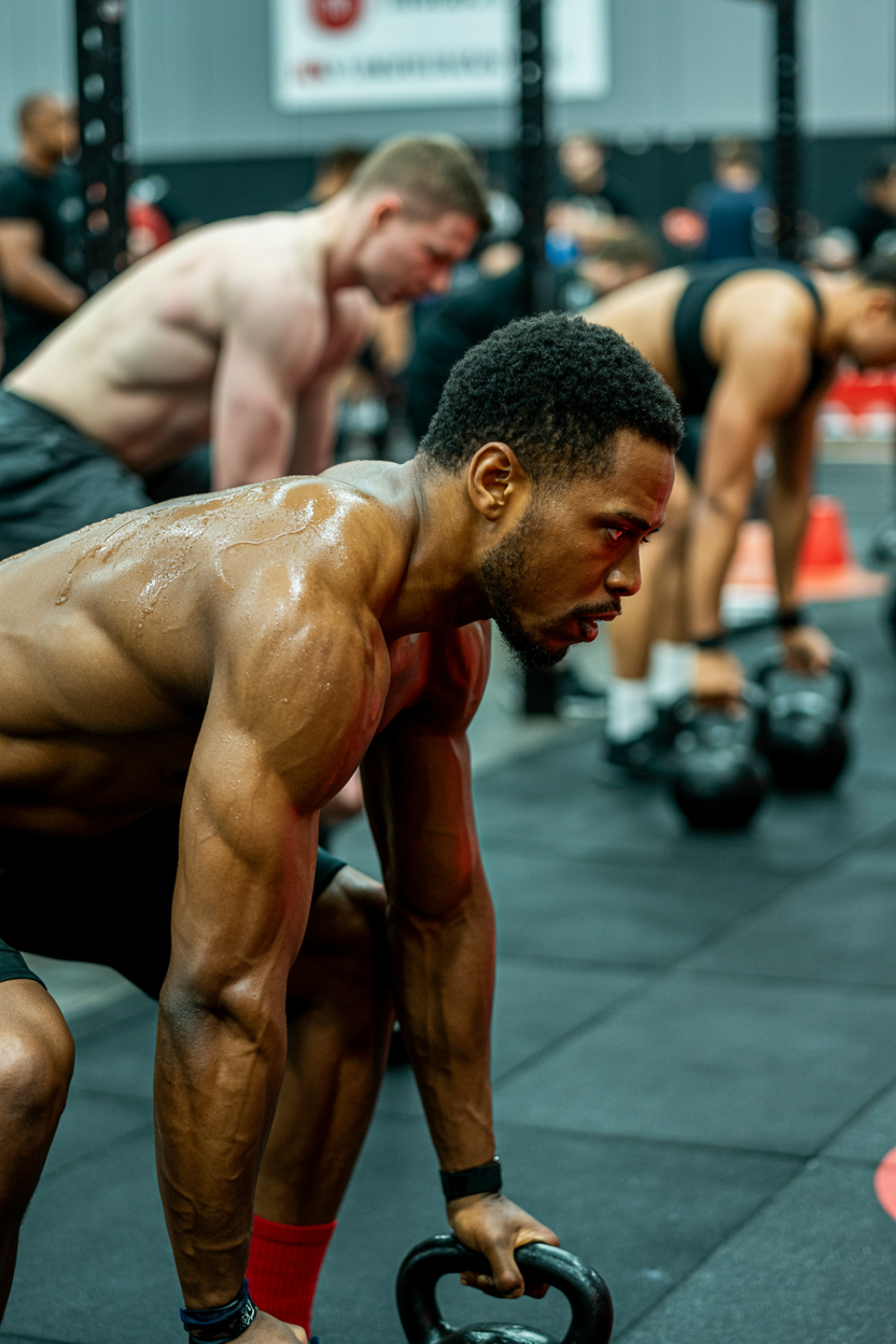 Athletes in high-intensity functional training with kettlebells